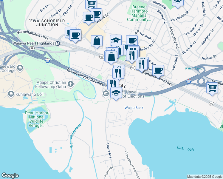 map of restaurants, bars, coffee shops, grocery stores, and more near 914 A Road in Pearl City