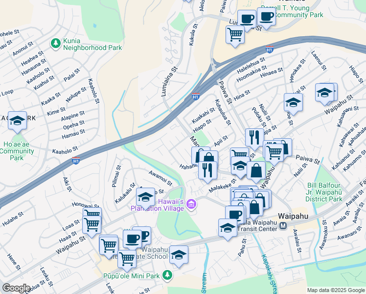 map of restaurants, bars, coffee shops, grocery stores, and more near 94-484 Ohapali Street in Waipahu