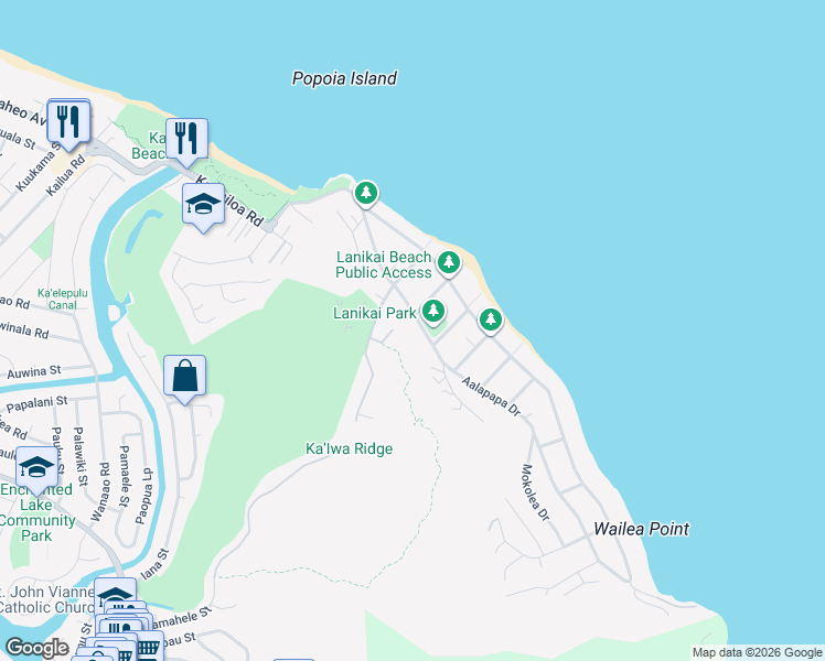 map of restaurants, bars, coffee shops, grocery stores, and more near 1001 Koohoo Place in Kailua