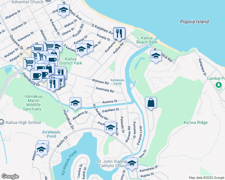 map of restaurants, bars, coffee shops, grocery stores, and more near 372 Auwinala Road in Kailua