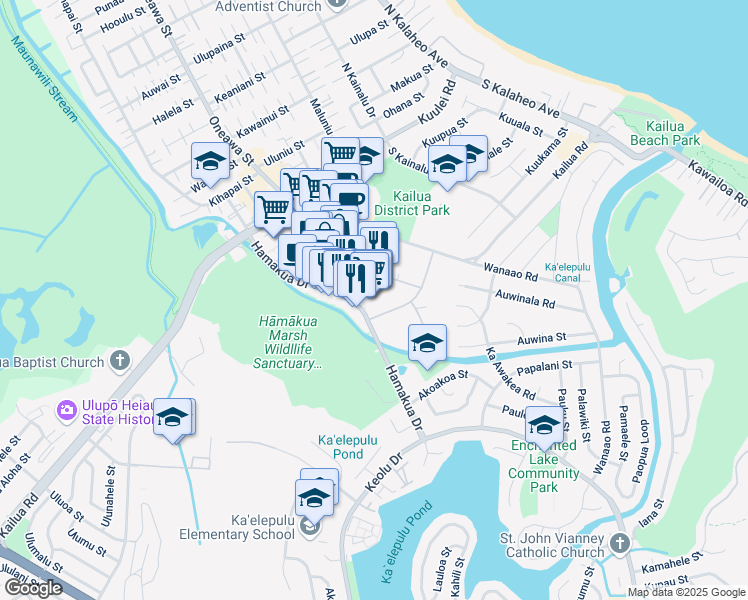 map of restaurants, bars, coffee shops, grocery stores, and more near in Kailua