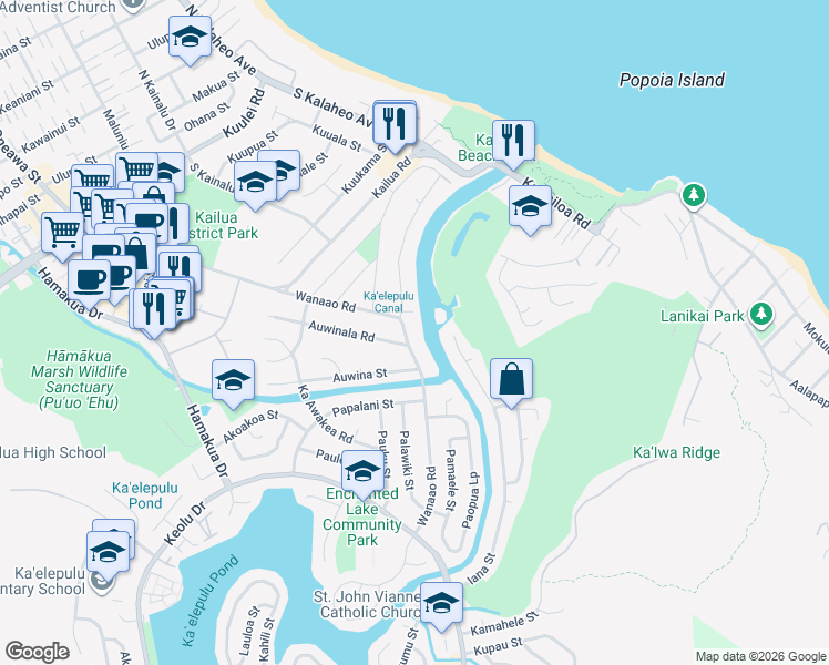 map of restaurants, bars, coffee shops, grocery stores, and more near 395 Auwinala Road in Kailua