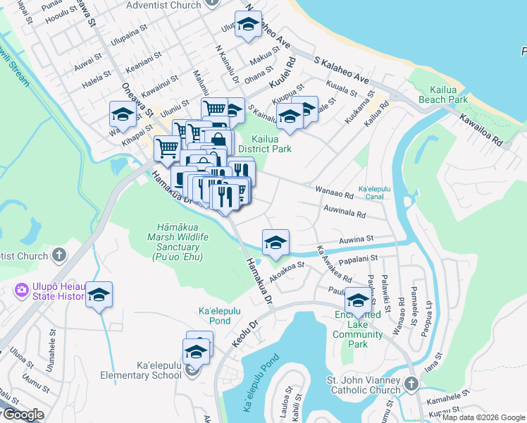 map of restaurants, bars, coffee shops, grocery stores, and more near 350 Aoloa Street in Kailua