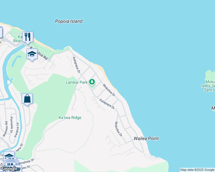 map of restaurants, bars, coffee shops, grocery stores, and more near 1061 Mokulua Drive in Kailua