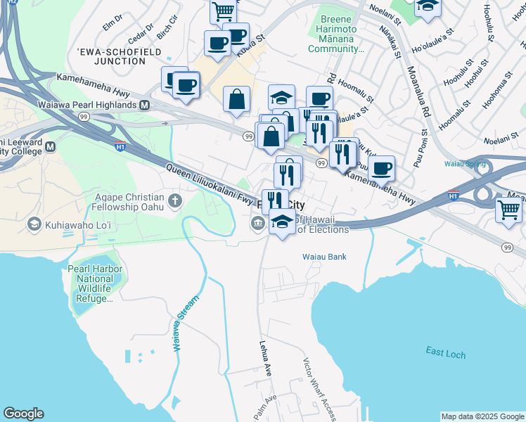 map of restaurants, bars, coffee shops, grocery stores, and more near 928 1st Street in Pearl City