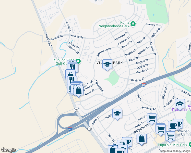 map of restaurants, bars, coffee shops, grocery stores, and more near 94-669 Kahakea Street in Waipahu