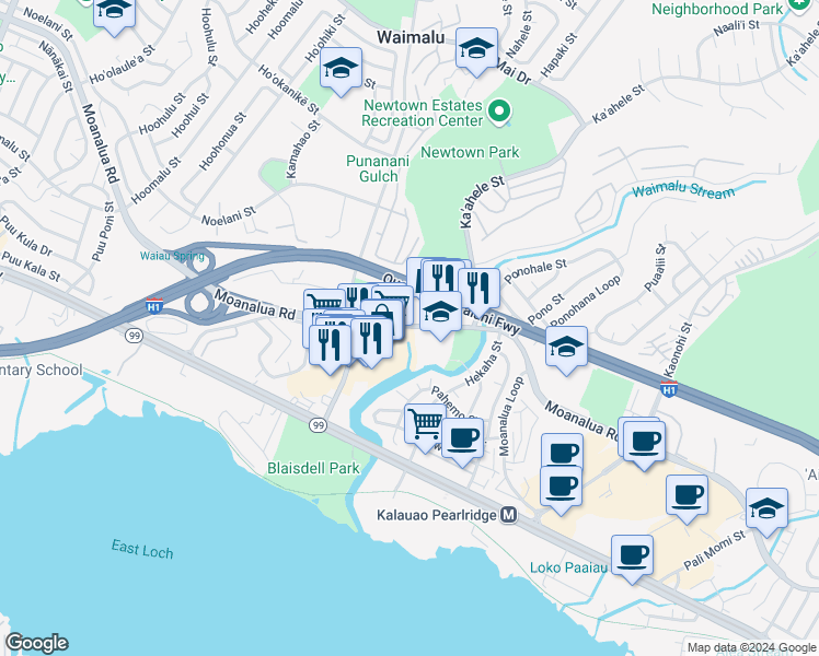 map of restaurants, bars, coffee shops, grocery stores, and more near Unnamed Road in Aiea