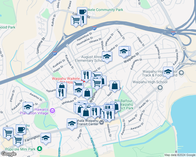 map of restaurants, bars, coffee shops, grocery stores, and more near 94-1107 Hapawalu Place in Waipahu