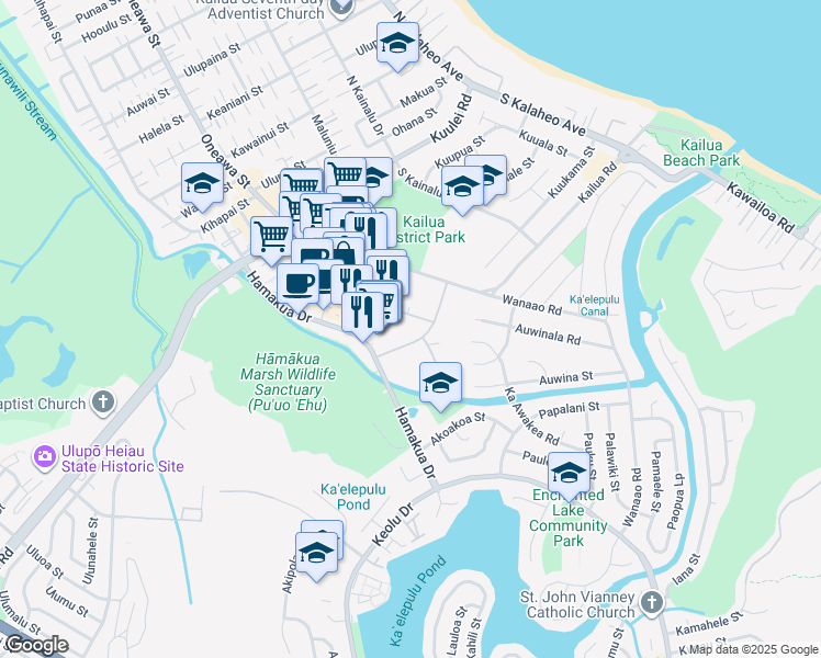 map of restaurants, bars, coffee shops, grocery stores, and more near 322 Aoloa Street in Kailua