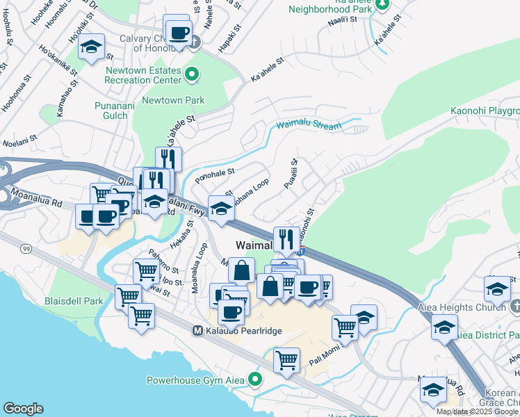 map of restaurants, bars, coffee shops, grocery stores, and more near 98-393 Ponohana Loop in Aiea