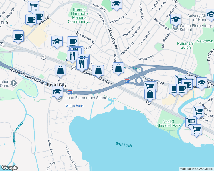 map of restaurants, bars, coffee shops, grocery stores, and more near 1063 Puʻu ʻAlani Way in Pearl City