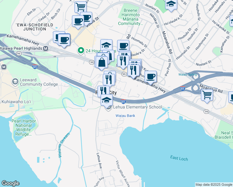 map of restaurants, bars, coffee shops, grocery stores, and more near 843 Third Street in Pearl City