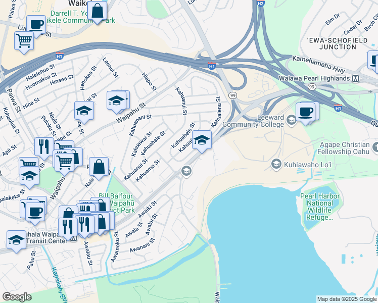 map of restaurants, bars, coffee shops, grocery stores, and more near 94-292 Kahualena Street in Waipahu