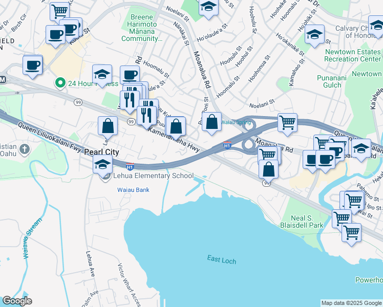 map of restaurants, bars, coffee shops, grocery stores, and more near 1063 Puʻu ʻAlani Way in Pearl City