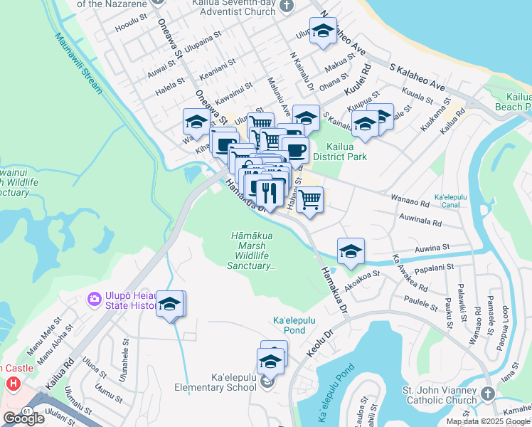 map of restaurants, bars, coffee shops, grocery stores, and more near 150 Hamakua Drive in Kailua