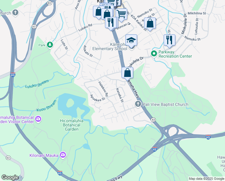 map of restaurants, bars, coffee shops, grocery stores, and more near 45-582 Kanaka Place in Kaneohe