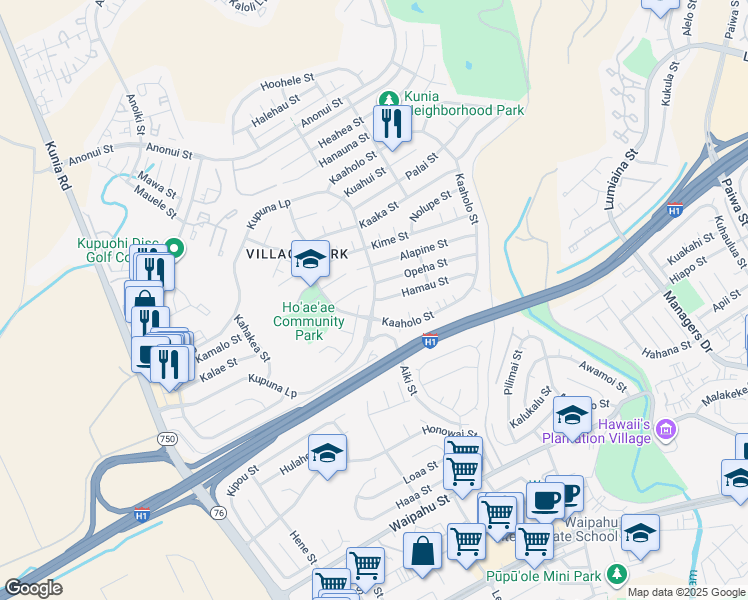 map of restaurants, bars, coffee shops, grocery stores, and more near Kupuna Loop & Hamau St in Village Park