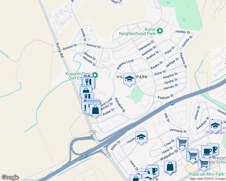 map of restaurants, bars, coffee shops, grocery stores, and more near 94-653 Kupuna Loop in Waipahu