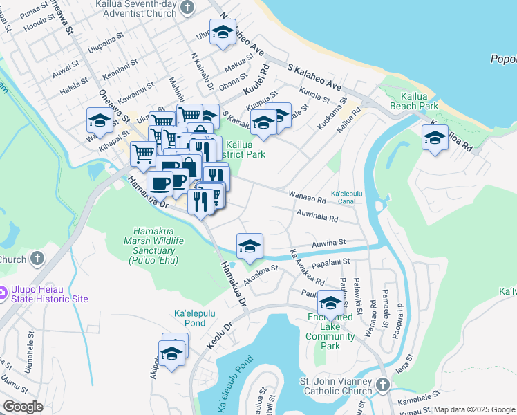 map of restaurants, bars, coffee shops, grocery stores, and more near 333 Aoloa Street in Kailua