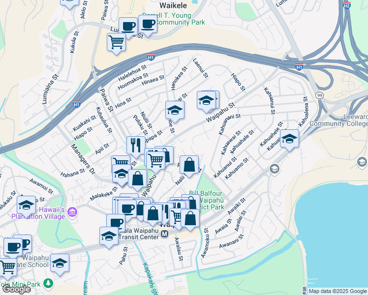 map of restaurants, bars, coffee shops, grocery stores, and more near 94-384 Ana Lane in Waipahu