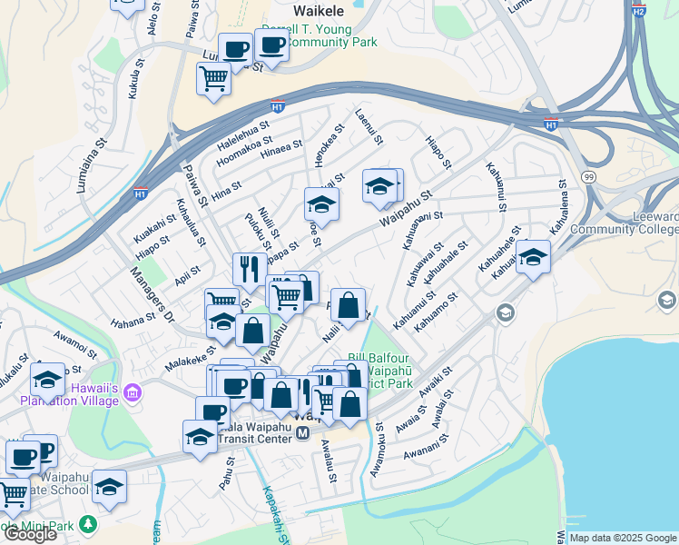 map of restaurants, bars, coffee shops, grocery stores, and more near 94-384 Ana Lane in Waipahu
