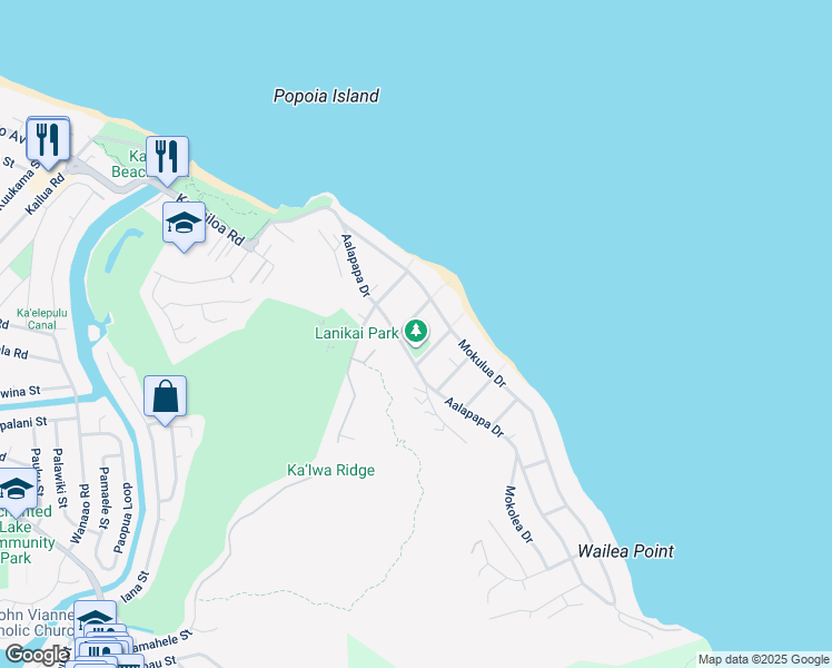 map of restaurants, bars, coffee shops, grocery stores, and more near 141 Mokumanu Drive in Kailua