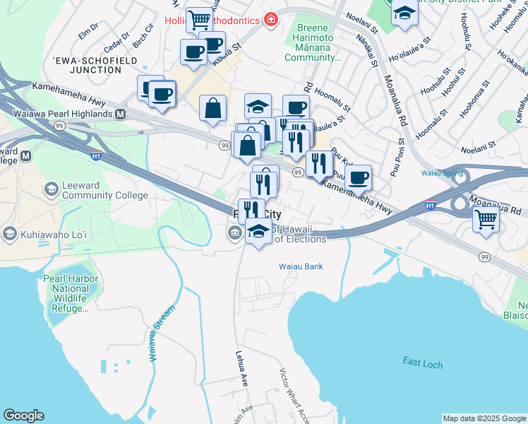 map of restaurants, bars, coffee shops, grocery stores, and more near in Pearl City