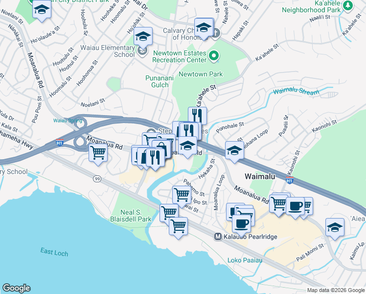 map of restaurants, bars, coffee shops, grocery stores, and more near 98-810 Moanalua Road in Aiea