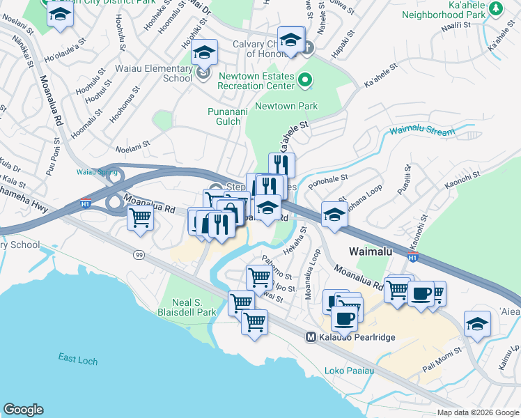 map of restaurants, bars, coffee shops, grocery stores, and more near 98-810 Moanalua Road in Aiea