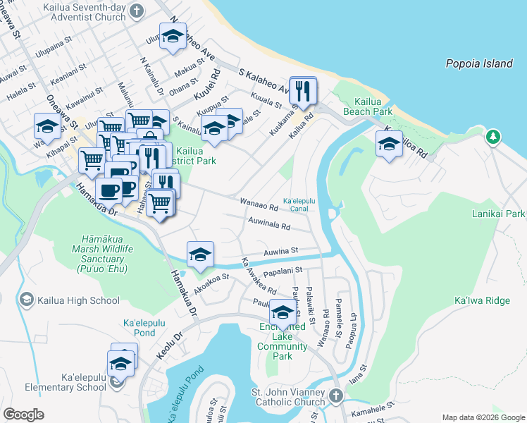 map of restaurants, bars, coffee shops, grocery stores, and more near 333 Wanaao Road in Kailua