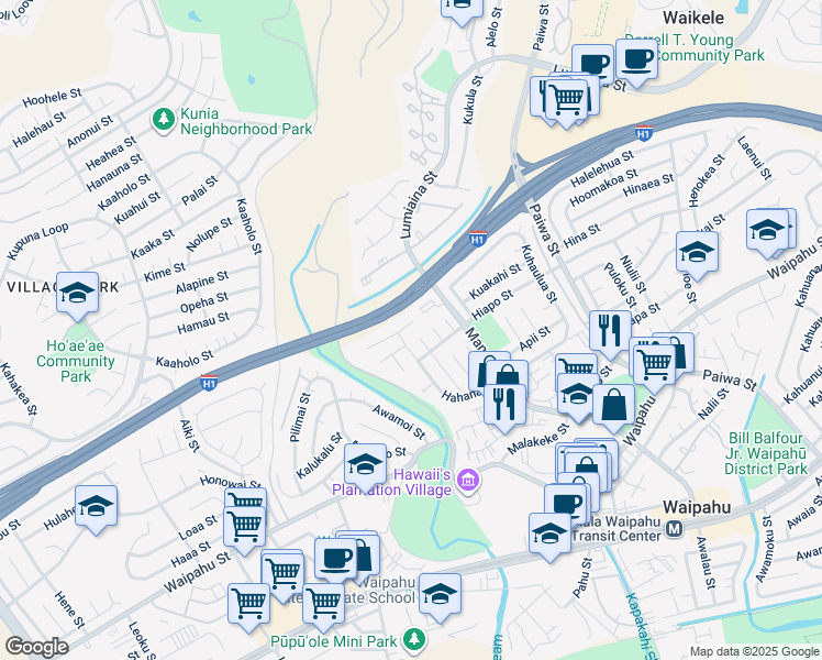 map of restaurants, bars, coffee shops, grocery stores, and more near 94-1046 Halekapio Street in Waipahu