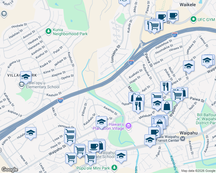 map of restaurants, bars, coffee shops, grocery stores, and more near 94-1046 Halekapio Street in Waipahu