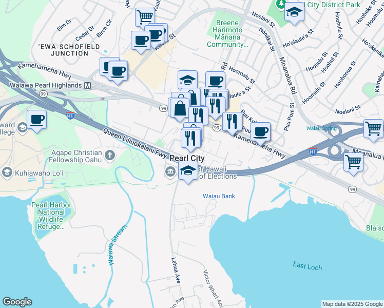 map of restaurants, bars, coffee shops, grocery stores, and more near 909 Lehua Avenue in Pearl City