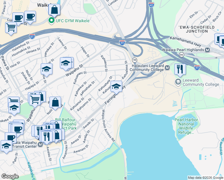 map of restaurants, bars, coffee shops, grocery stores, and more near 94-292 Kahualena Street in Waipahu