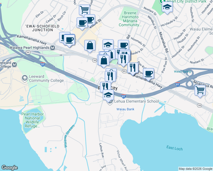 map of restaurants, bars, coffee shops, grocery stores, and more near in Pearl City