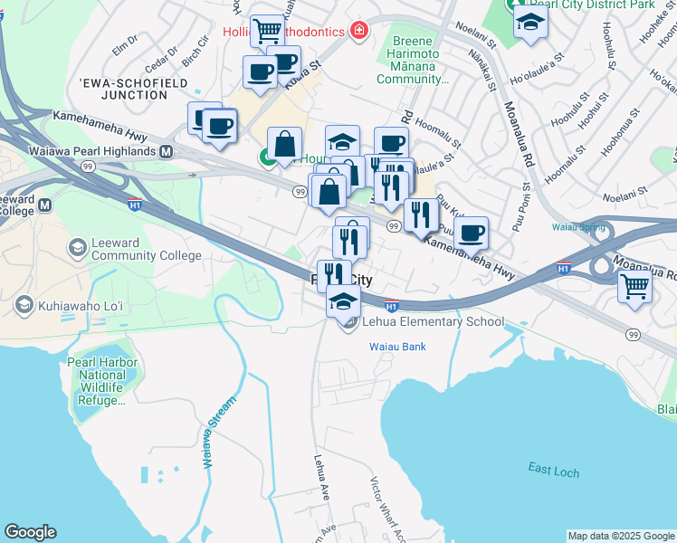 map of restaurants, bars, coffee shops, grocery stores, and more near in Pearl City