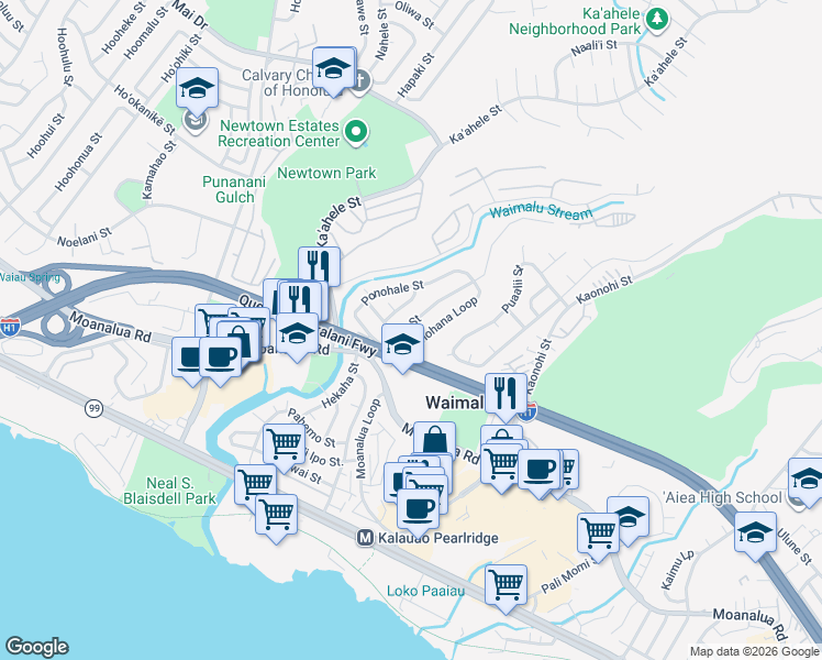 map of restaurants, bars, coffee shops, grocery stores, and more near 98-345 Pono Street in Aiea