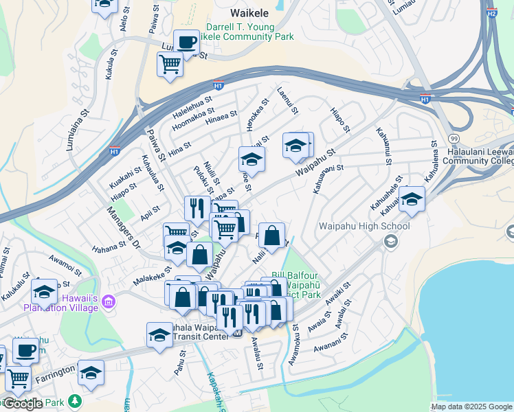 map of restaurants, bars, coffee shops, grocery stores, and more near 94-384 Ana Lane in Waipahu