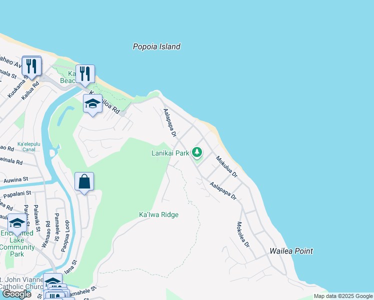 map of restaurants, bars, coffee shops, grocery stores, and more near 154 Mokumanu Drive in Kailua