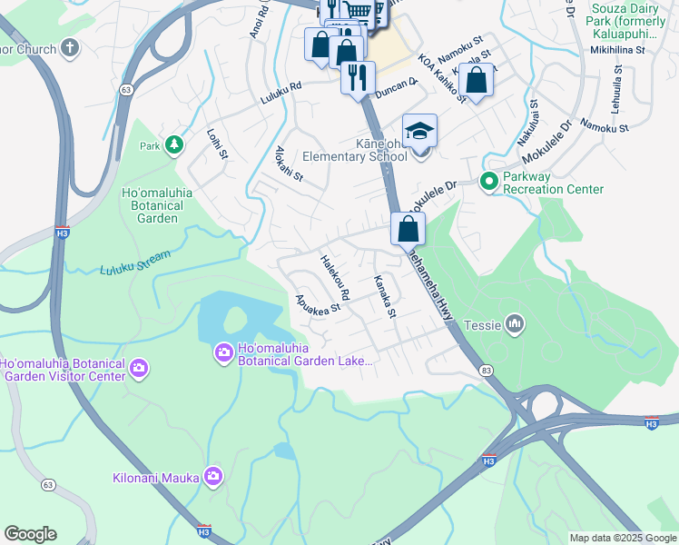 map of restaurants, bars, coffee shops, grocery stores, and more near 45-675 Halekou Road in Kaneohe