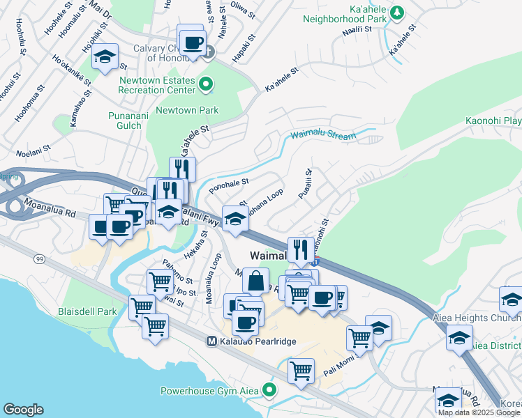 map of restaurants, bars, coffee shops, grocery stores, and more near 98-393 Ponohana Loop in Aiea