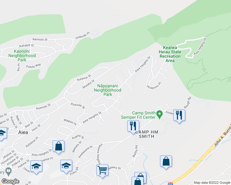 map of restaurants, bars, coffee shops, grocery stores, and more near 99-1168 Aiea Heights Drive in Aiea