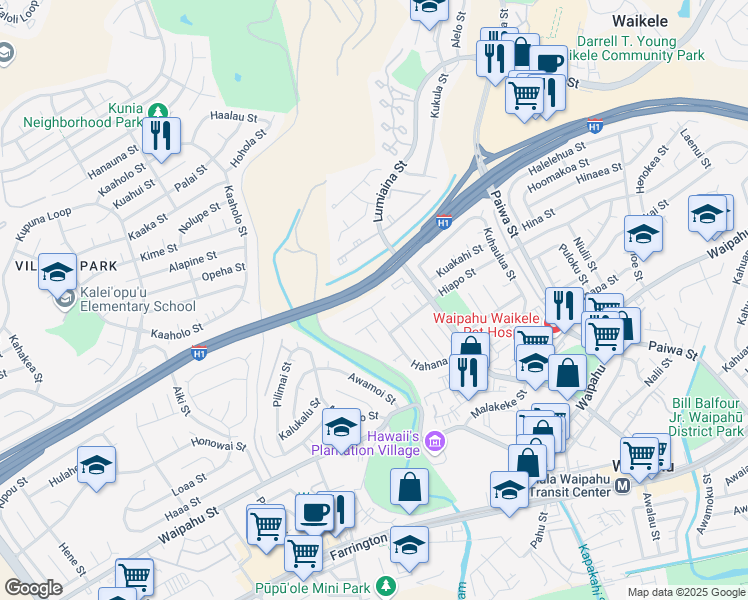 map of restaurants, bars, coffee shops, grocery stores, and more near 94-1046 Halekapio Street in Waipahu