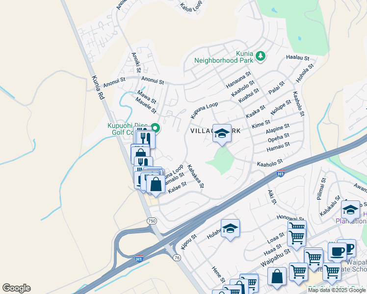 map of restaurants, bars, coffee shops, grocery stores, and more near 94-653 Kupuna Loop in Waipahu