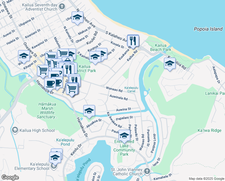 map of restaurants, bars, coffee shops, grocery stores, and more near 333 Wanaao Road in Kailua