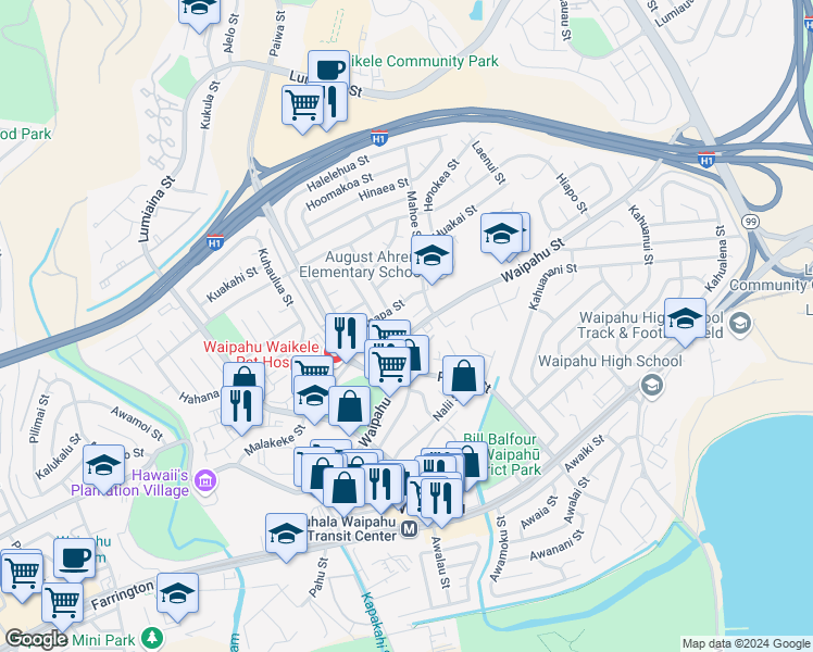 map of restaurants, bars, coffee shops, grocery stores, and more near 94-1107 Hapawalu Place in Waipahu