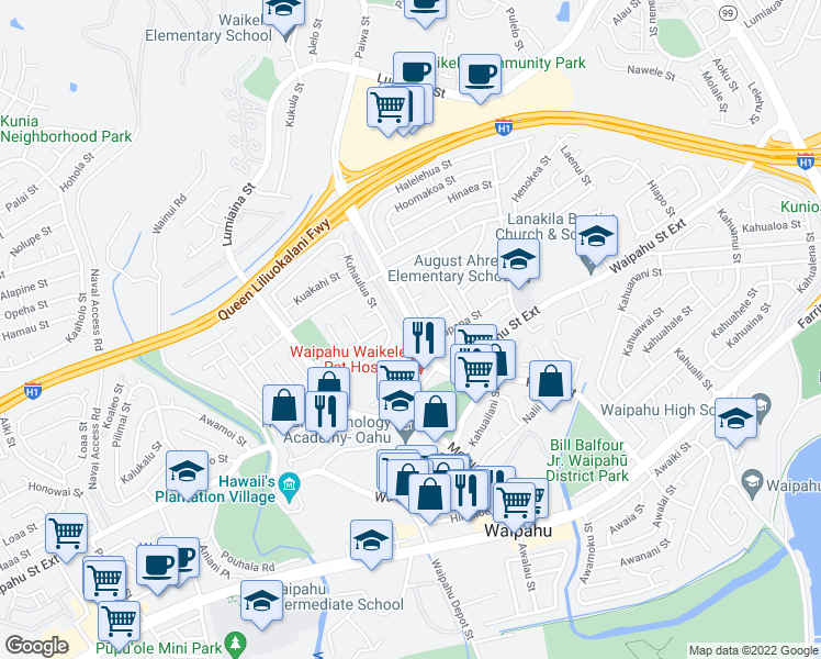 map of restaurants, bars, coffee shops, grocery stores, and more near in Waipahu