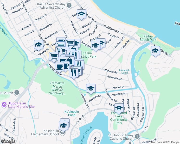 map of restaurants, bars, coffee shops, grocery stores, and more near 333 Aoloa Street in Kailua