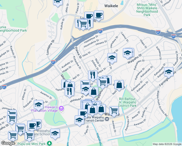 map of restaurants, bars, coffee shops, grocery stores, and more near in Waipahu