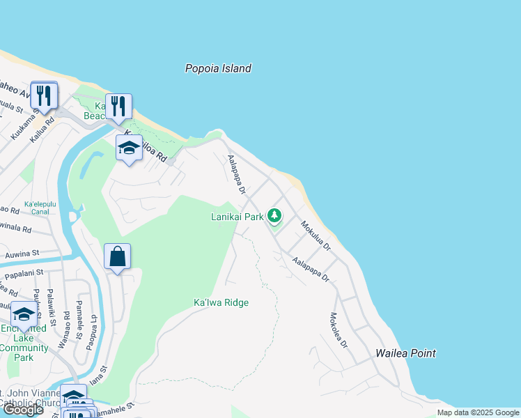 map of restaurants, bars, coffee shops, grocery stores, and more near 141 Mokumanu Drive in Kailua
